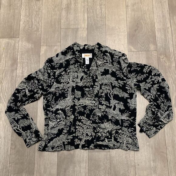 Womens Talbots Picnic Forest Sheep Graphic Button Down Tie Up Sheer Lined Shirt - Picture 1 of 8